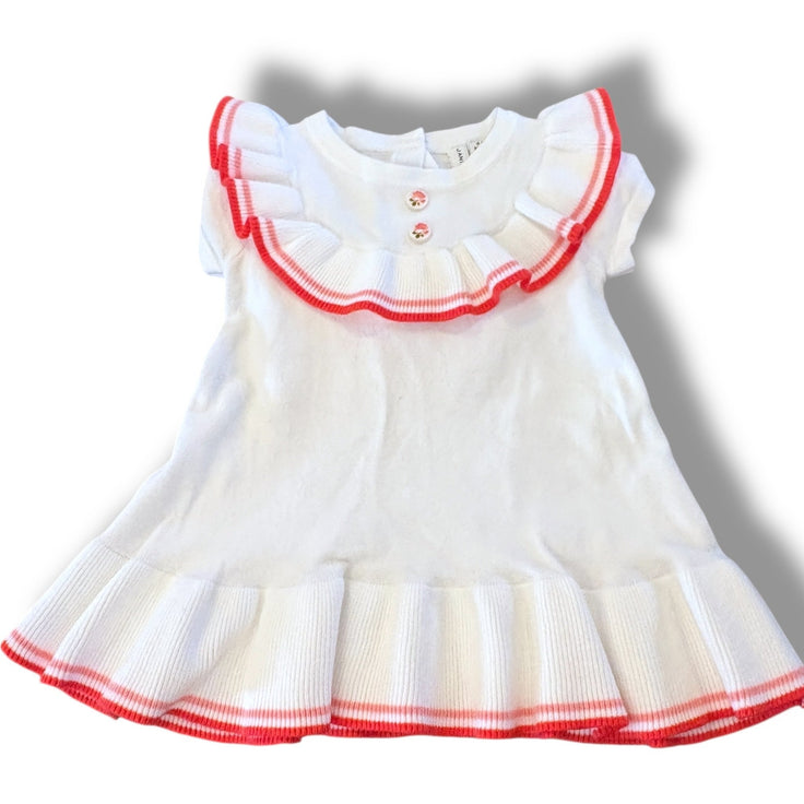 SIze 0-3 month Janie and jack white knit dress with drop waist, pink stripe trim, floral buttons Default Title / 0-3 month / Girl