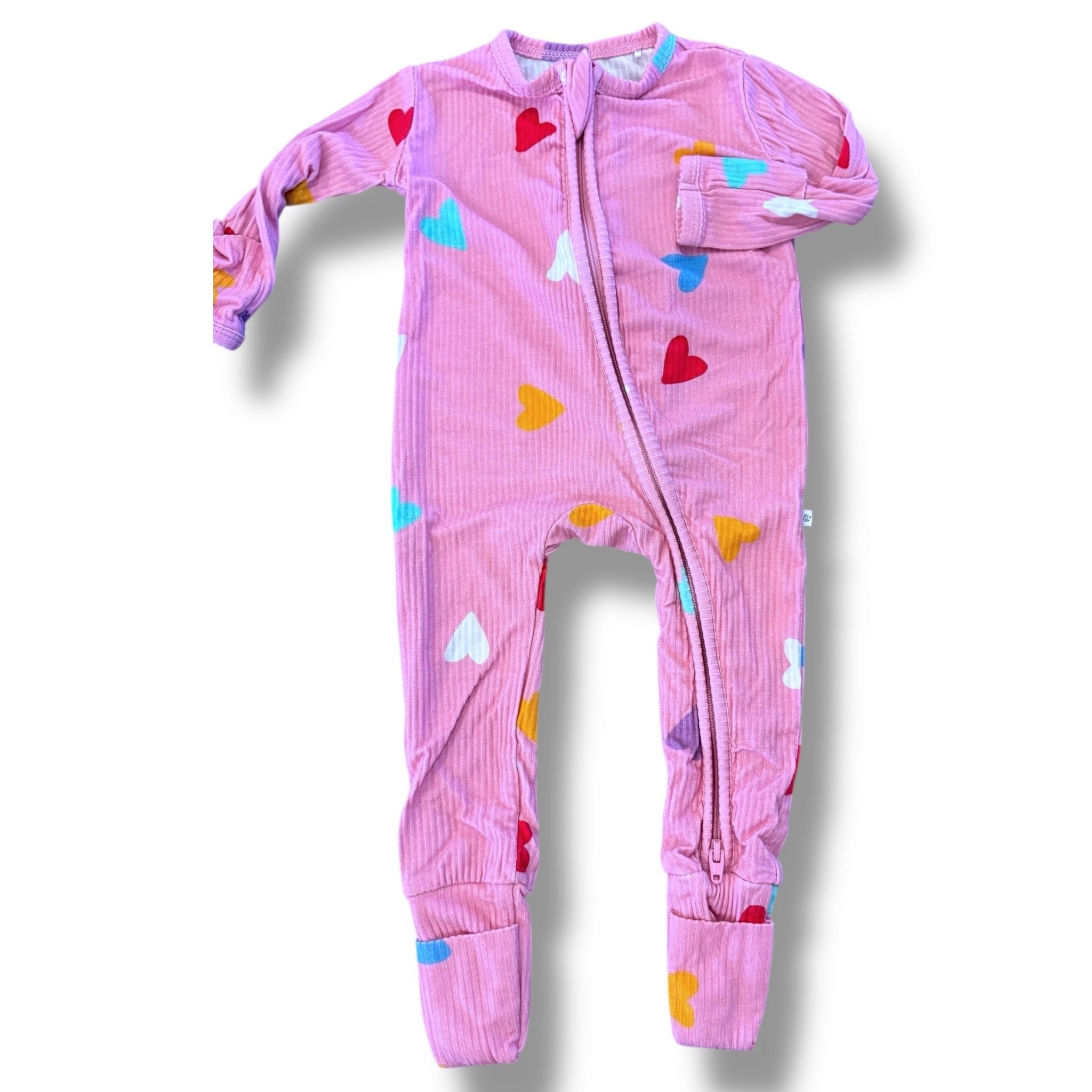 Size newborn Little Pajama Co ribbed pink sleeper with colorful hearts Default Title / Newborn / Girl