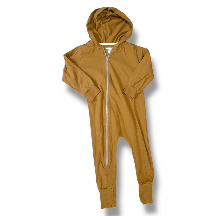 Size 3-4 Mini Mioche tan hoodie romper with gray zipper Default Title / 4-Mar / Boy