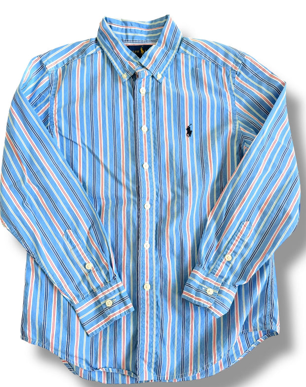 Size 10-12 Ralph Lauren blue long sleeve button up with red, navy, and green stripes/ navy rider Default Title / 12-Oct / Boy