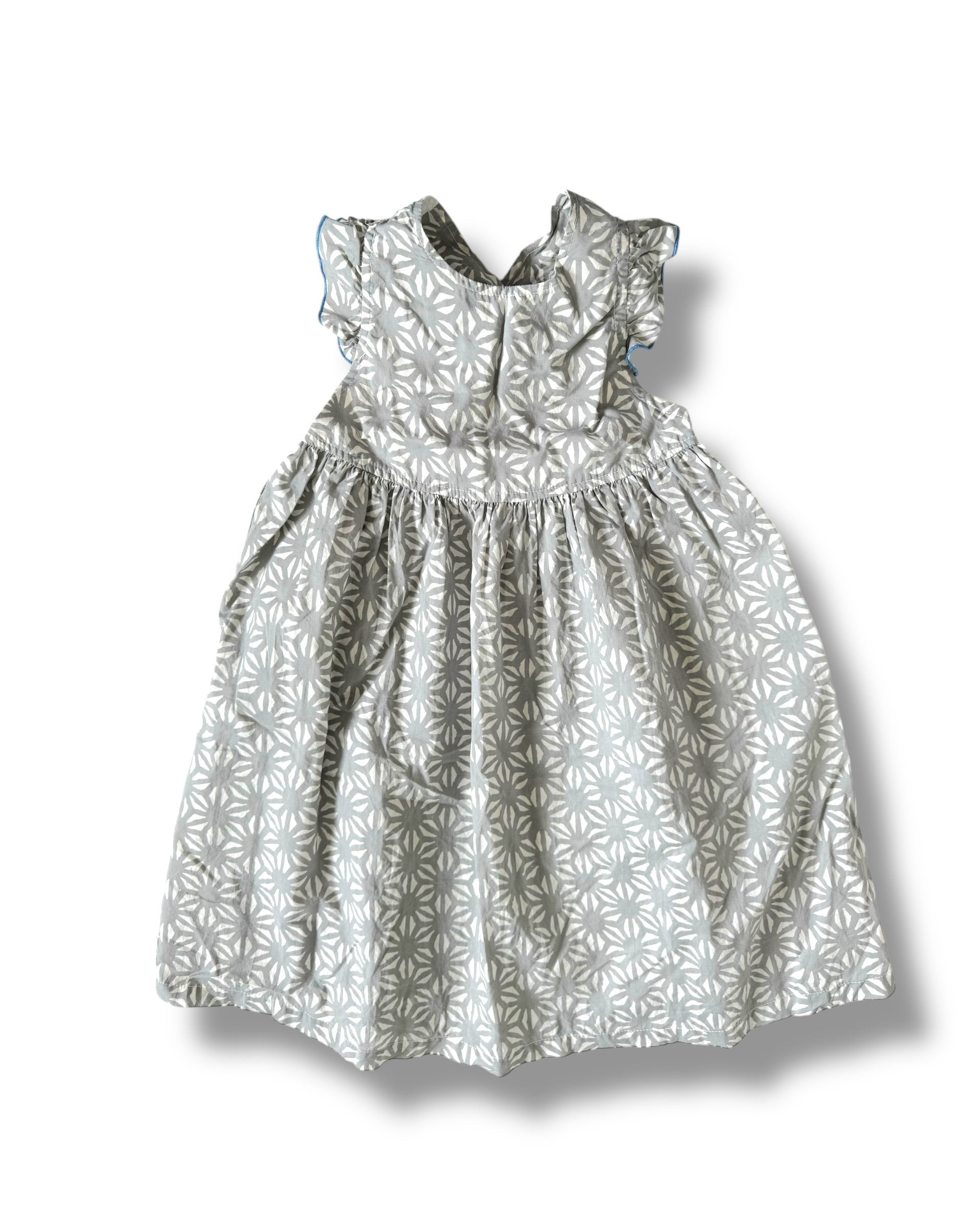 Size 8 Pink Chicken white with gray design dress, blue trim on ruffle and criss cross back Default Title / 8 / Girl