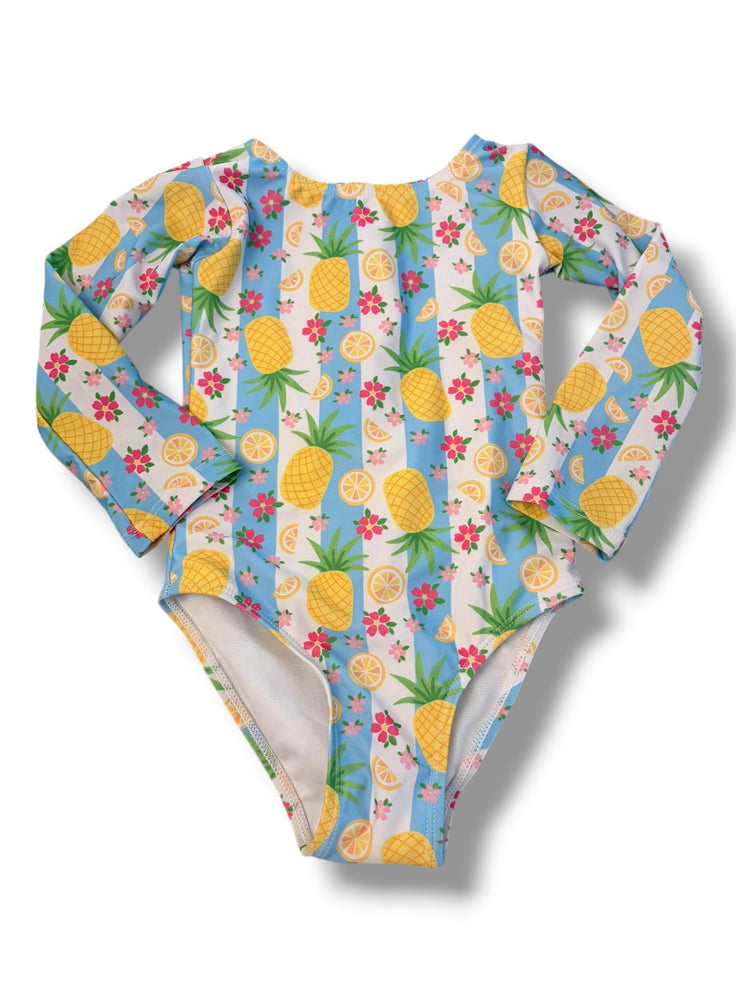 Size 3 Flap Happy one piece long sleeve swim with blue/white stripes and pineapples Default Title / 3 / Girl