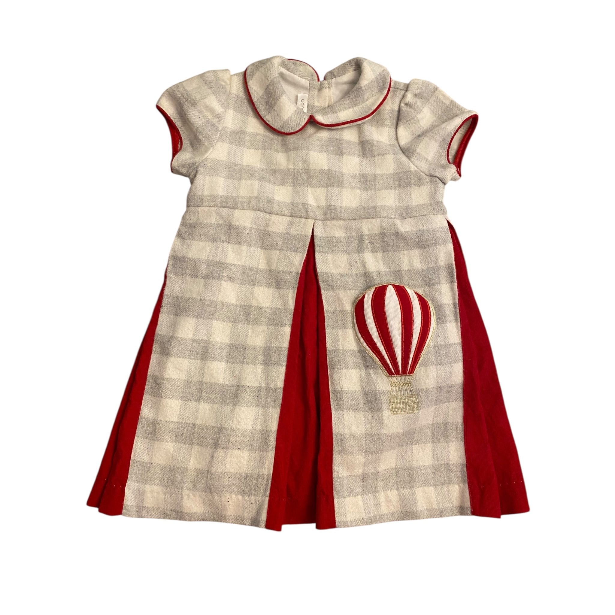 Size 3 Dondolo white and gray plaid wool dress with red accents and hot air balloon pocket Default Title / 3 / Girl