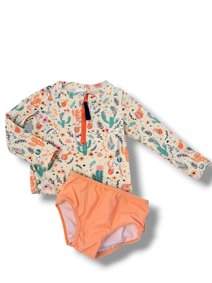 Size 2 Ruffle Butts two piece swim - top orange/green/pink cactus, orange bottoms Default Title / 2 / Girl
