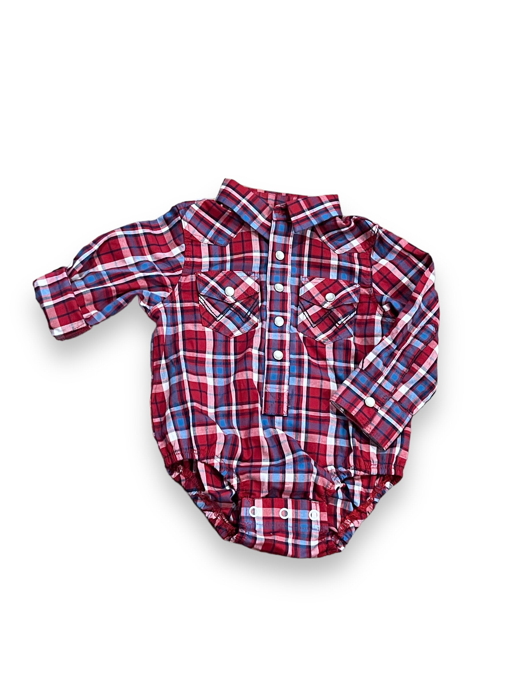 Size 3-6 month Wrangler red/blue button up onesie Default Title / 3-6 month / Boy