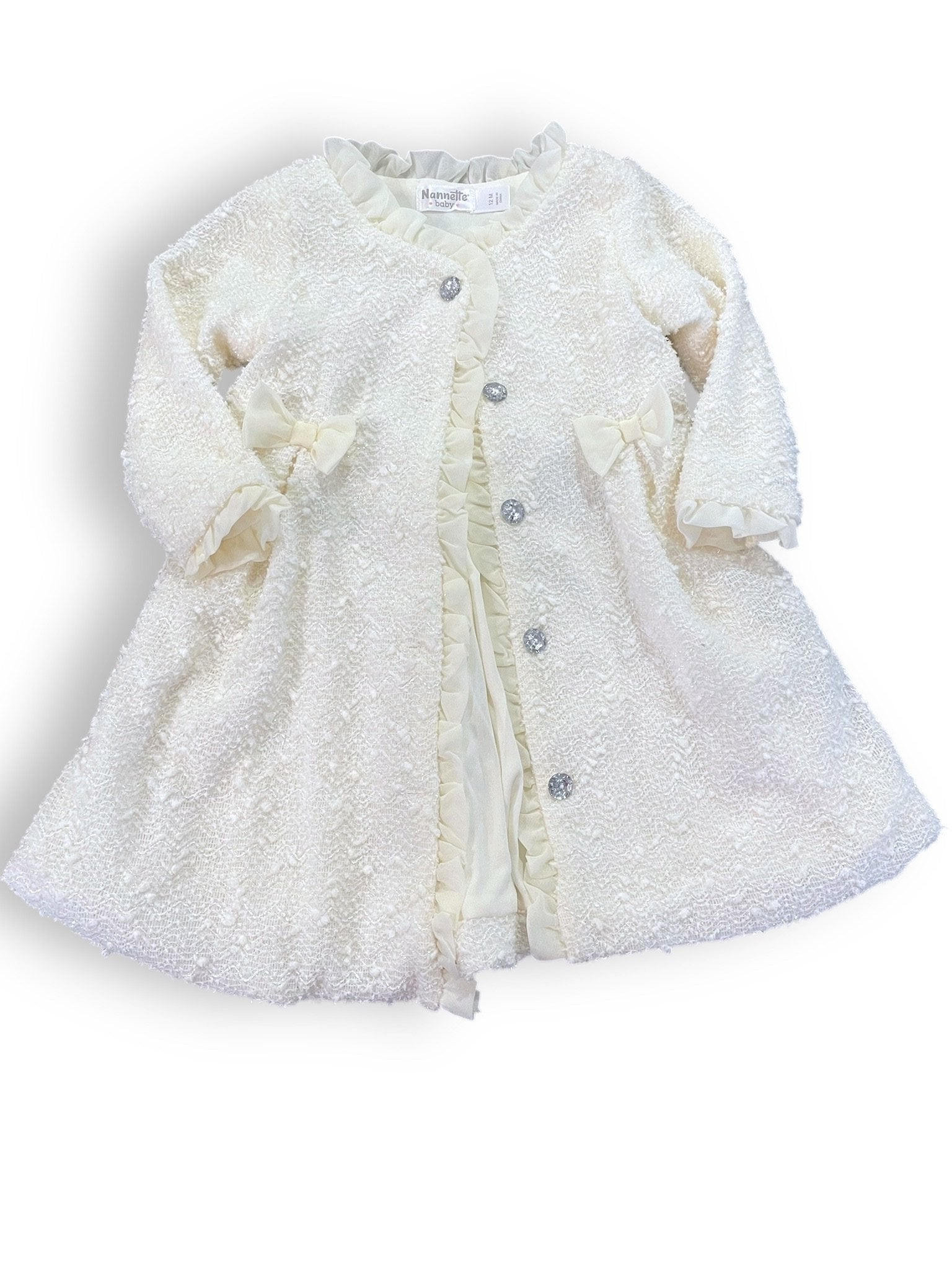 Size 12 month Nanette Baby white coat with two bows and sparkly buttons Default Title / 12 / Girl