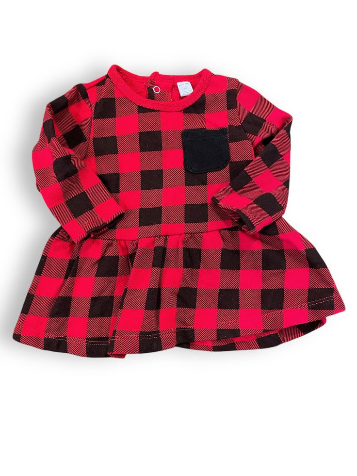 Size 6 month Petit Lem black and red gingham dress with black front pocket Default Title / 6 month / Girl