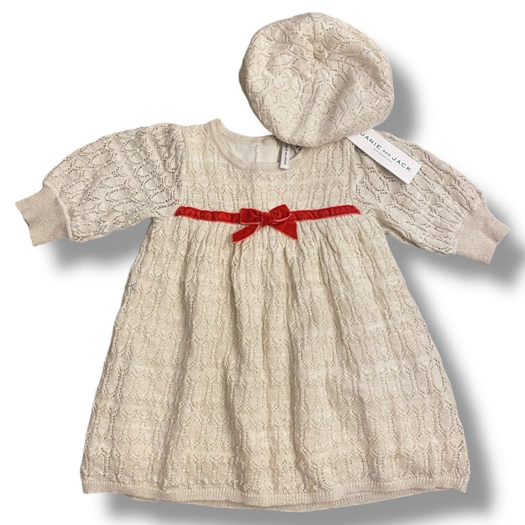 Size 6-12 month Janie and Jack cream sweater dress with gold threading and red velvet bow + matching hat Default Title / 6-12 month / Girl