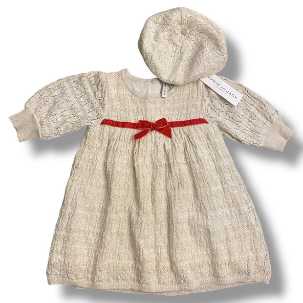 Size 6-12 month Janie and Jack cream sweater dress with gold threading and red velvet bow + matching hat Default Title / 6-12 month / Girl