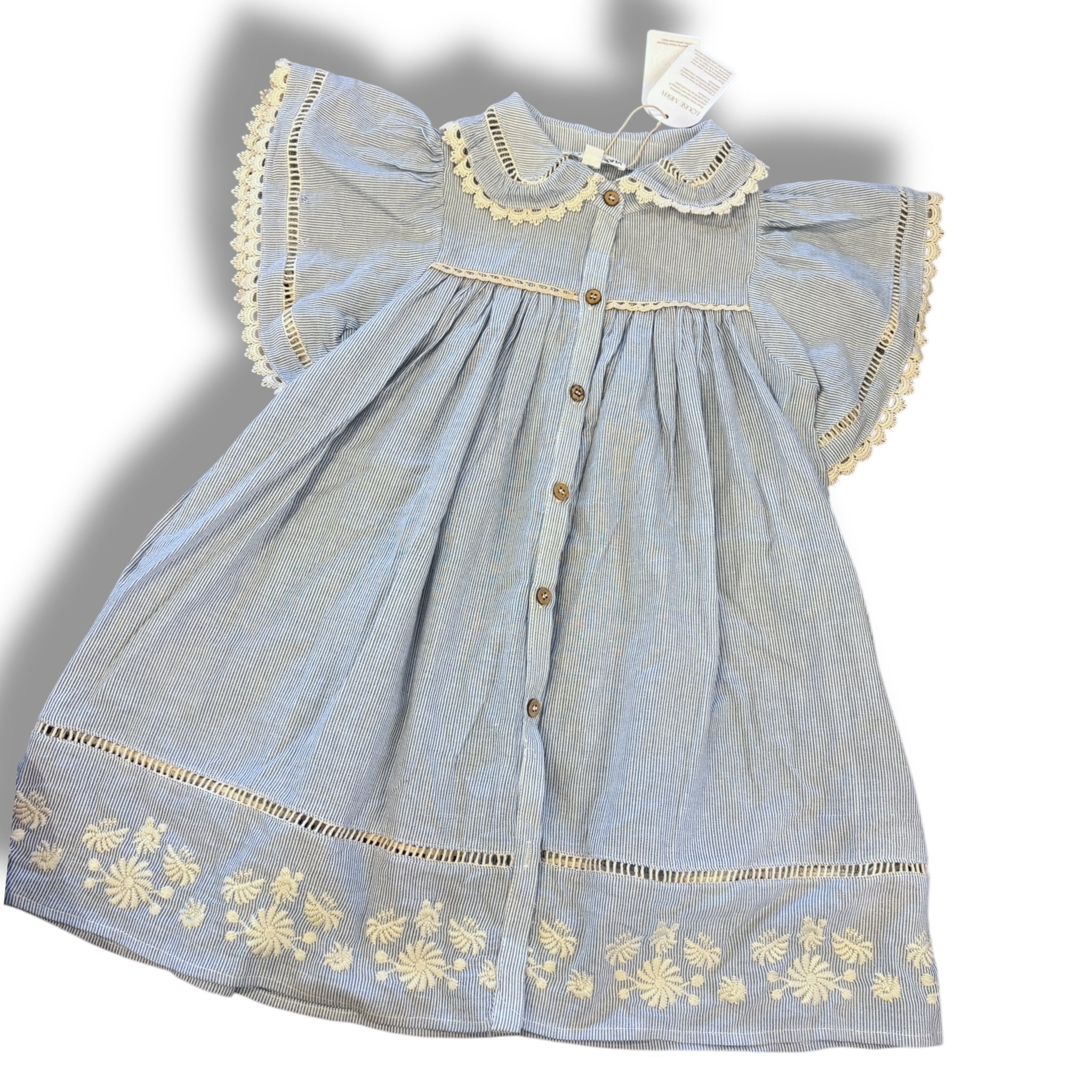 Size 4 Louise Misha blue/white stripe button up dress with collar, ruffle sleeves, NWT Default Title / 4 / Girl