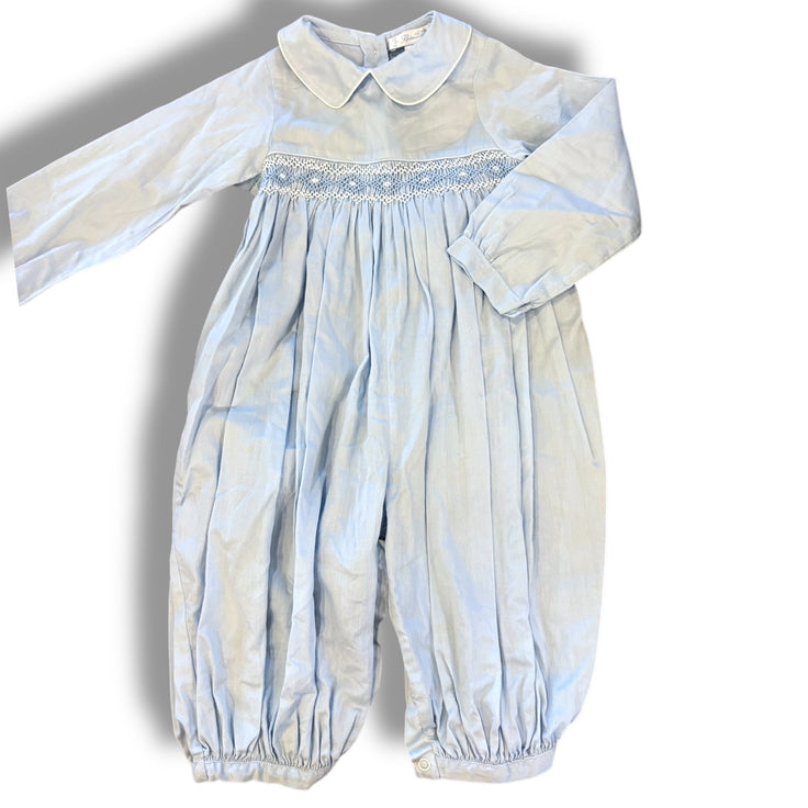 Size 24 month light blue romper, smocked chest with collar sash tie Default Title / 2 / Boy