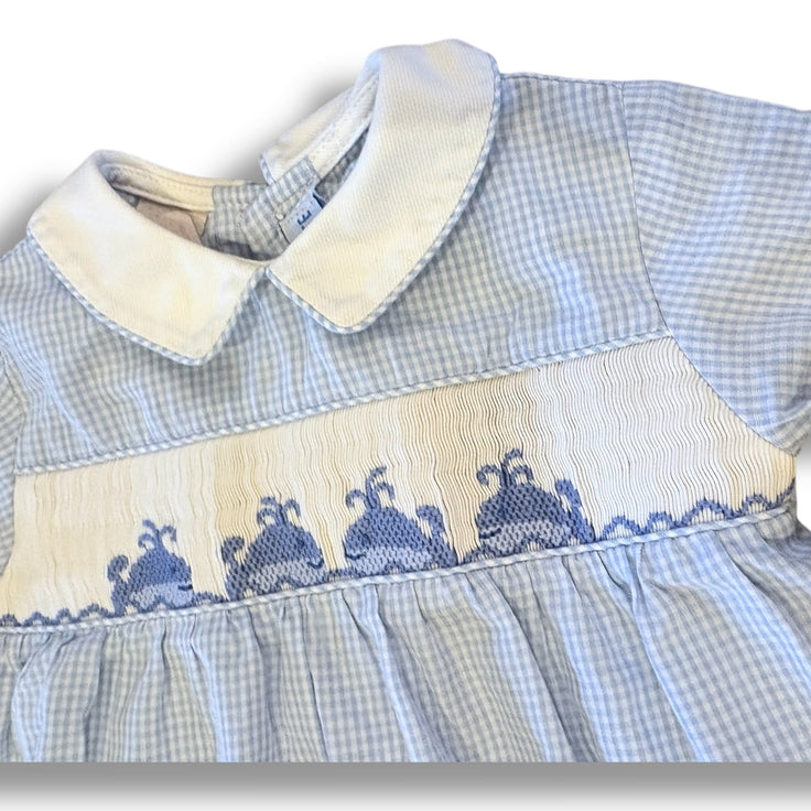Size 3 month Vive le fete blue/white gingham romper with collar, smocked whales Default Title / 3 / Boy