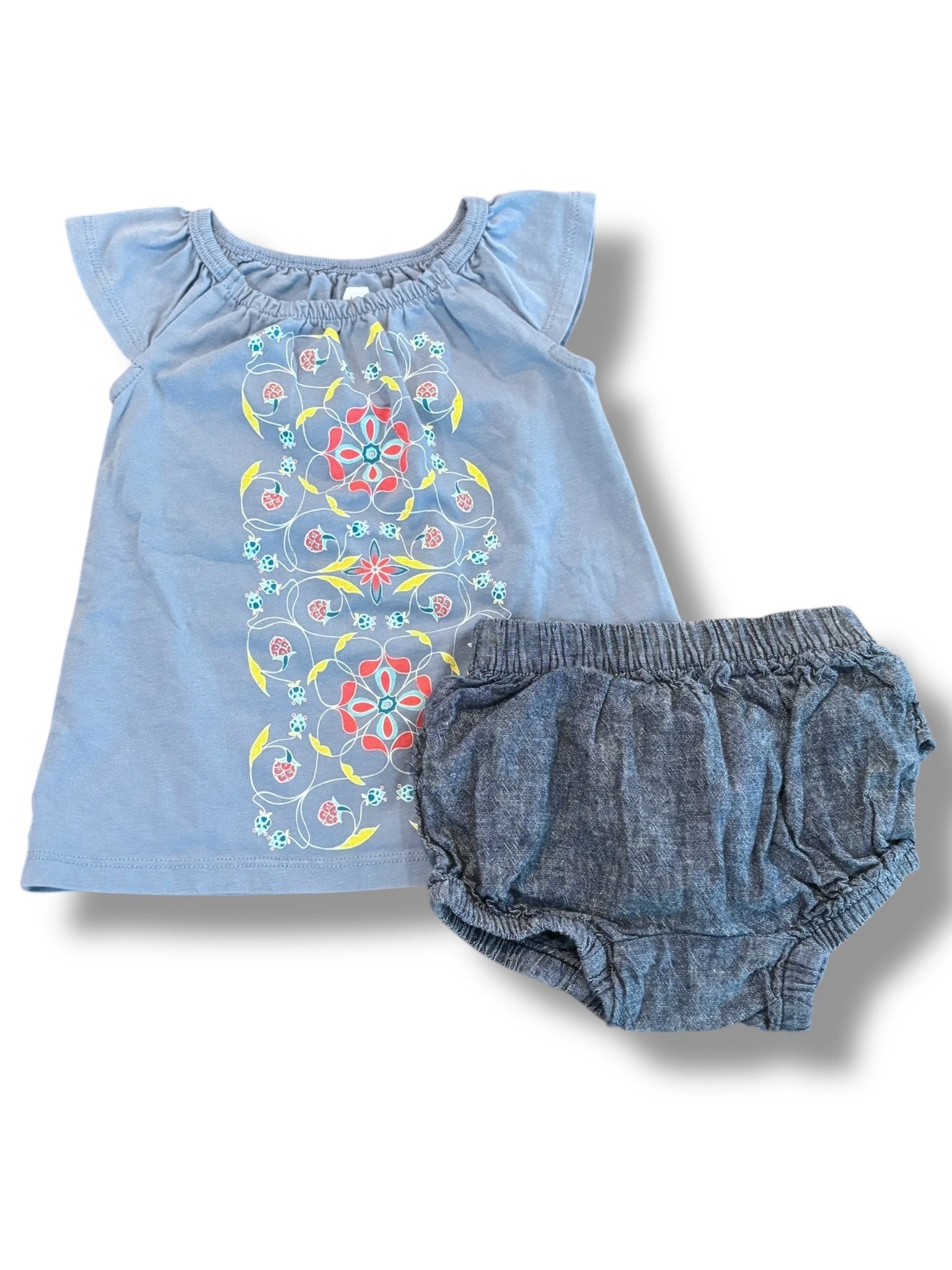 Size 3-6 month Tea Collection bundle: dusty blue dress w/ multi flowers, chambray bloomers Default Title / 3-6 month / Girl