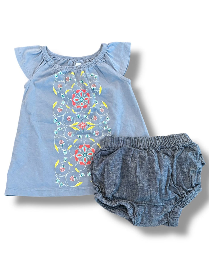 Size 3-6 month Tea Collection bundle: dusty blue dress w/ multi flowers, chambray bloomers Default Title / 3-6 month / Girl