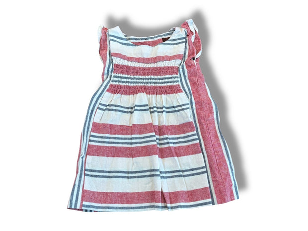 Size 6-12 month Tea Collection red/cream/blue striped canvas dress w/ ruching Default Title / 6-12 month / Girl
