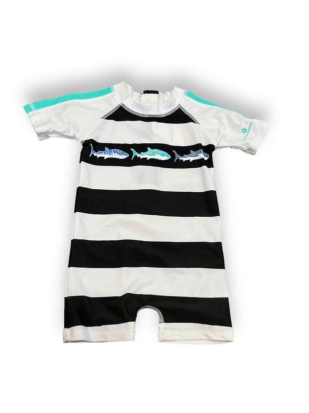 Size 3-6 month Snapperrock black/white stripe rash guard with fish Default Title / 3-6 month / -