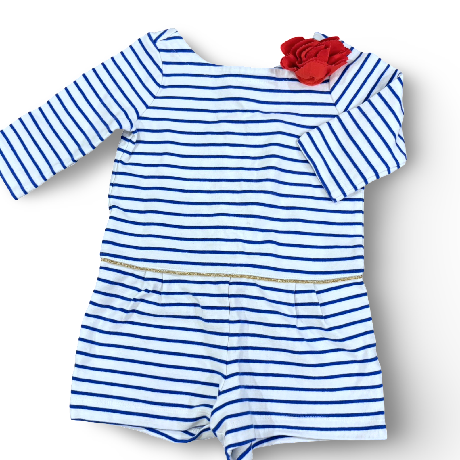 Size 3 Janie and Jack white/blue striped button-back romper with gold waist detail and red flower embellishment Default Title / 3 / Girl