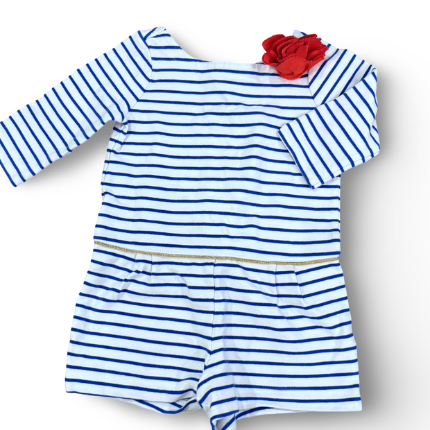 Size 3 Janie and Jack white/blue striped button-back romper with gold waist detail and red flower embellishment Default Title / 3 / Girl
