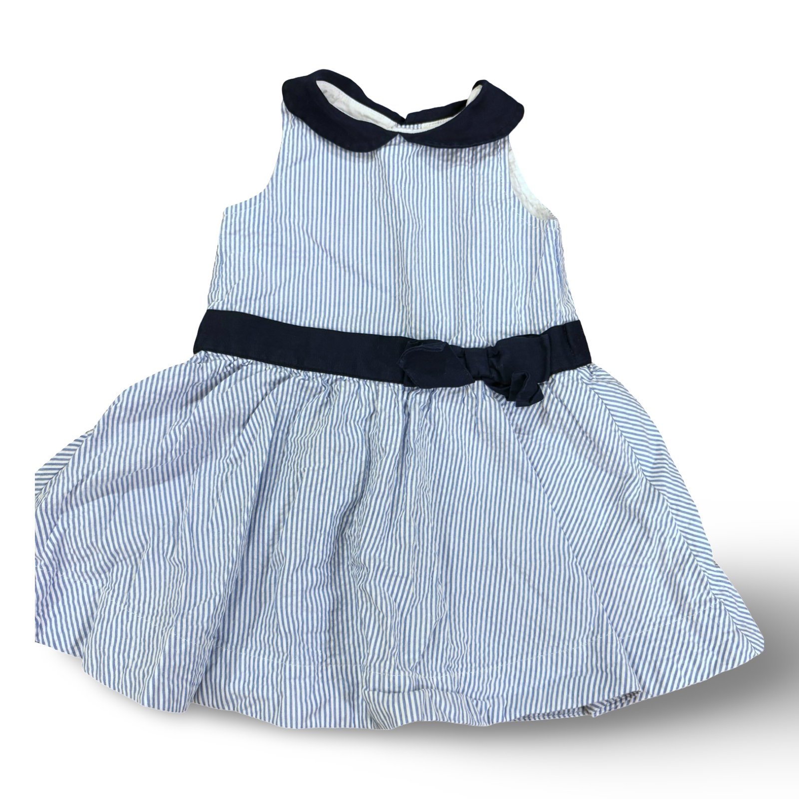 Size 12-18 month Hope and Henry blue/white seersucker sleeveless dress with navy peter pan collar and bow/waist detail Default Title / 12-18 month / Girl
