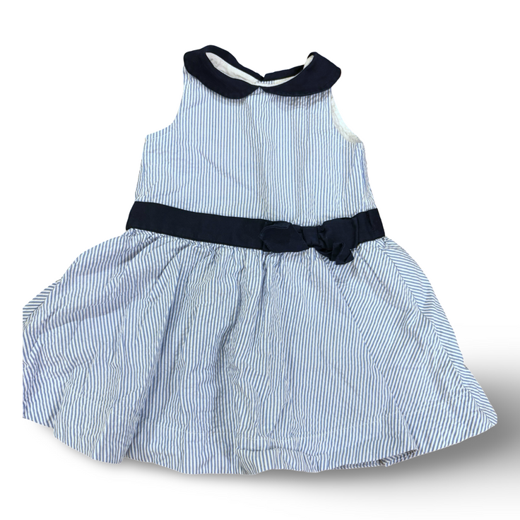 Size 12-18 month Hope and Henry blue/white seersucker sleeveless dress with navy peter pan collar and bow/waist detail Default Title / 12-18 month / Girl