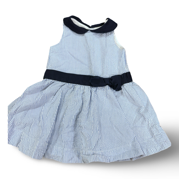 Size 12-18 month Hope and Henry blue/white seersucker sleeveless dress with navy peter pan collar and bow/waist detail Default Title / 12-18 month / Girl