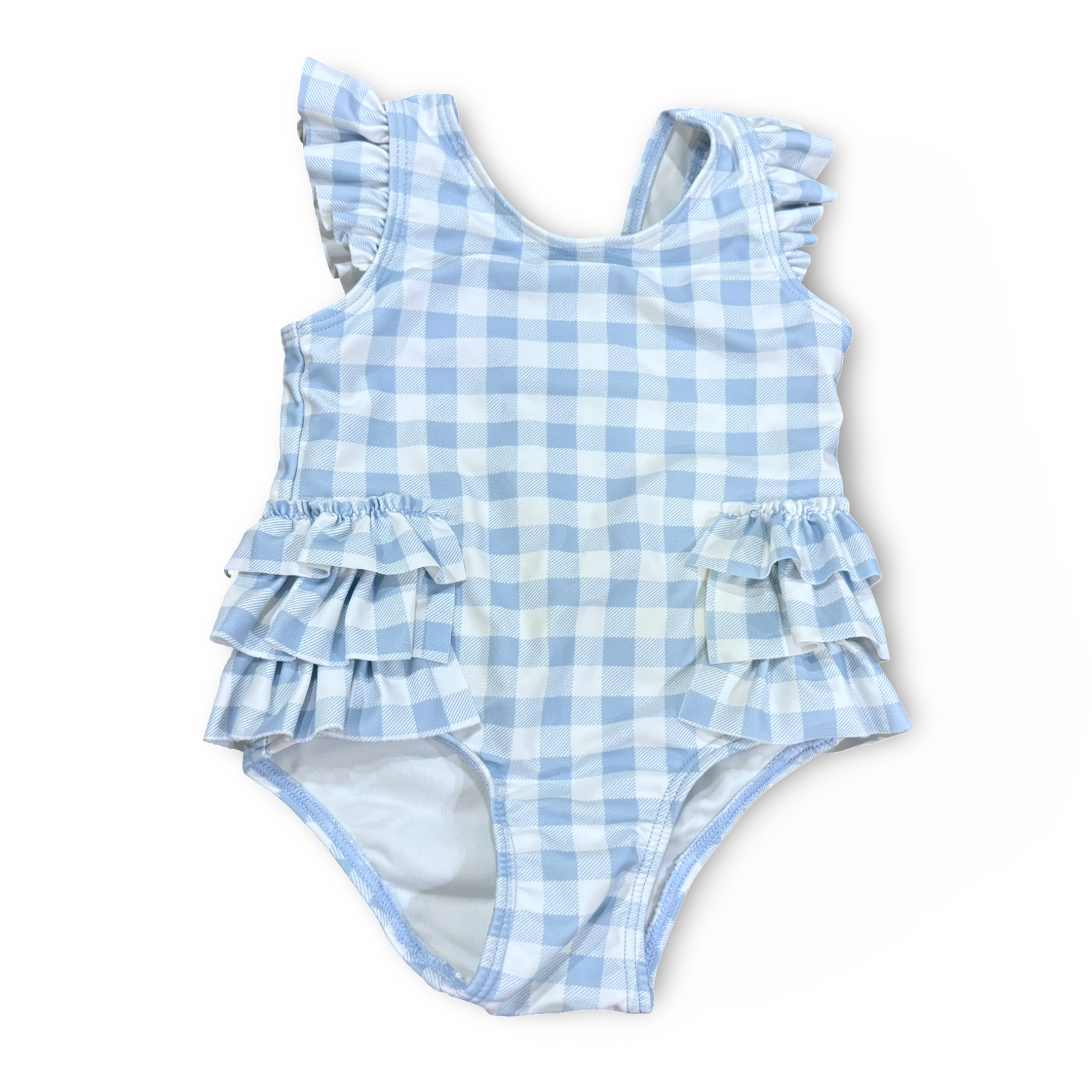 Size 3 month Tucker and Tate light blue/white plaid one piece suit with ruffles on sides/sleeves/bottom - a few pulls on front Default Title / 3 / Girl