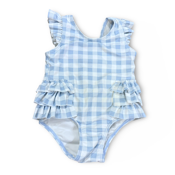 Size 3 month Tucker and Tate light blue/white plaid one piece suit with ruffles on sides/sleeves/bottom - a few pulls on front Default Title / 3 / Girl