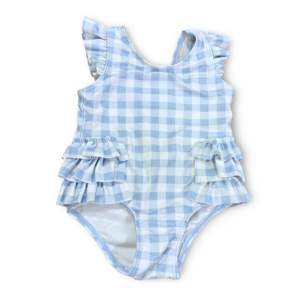 Size 3 month Tucker and Tate light blue/white plaid one piece suit with ruffles on sides/sleeves/bottom - a few pulls on front Default Title / 3 / Girl