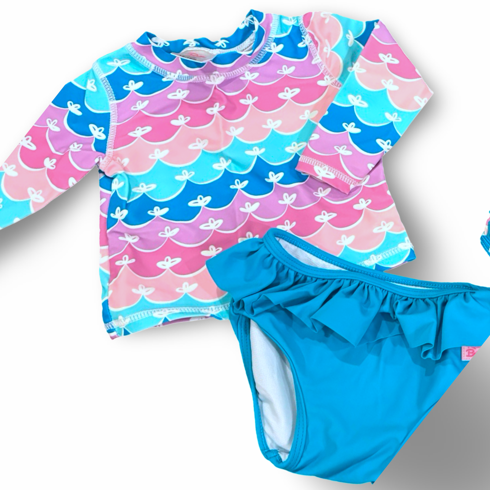 Size 12-18 month Ruffle Butts purple/pink/teal long sleeve rash guard with teal ruffle bottoms Default Title / 12-18 month / Girl
