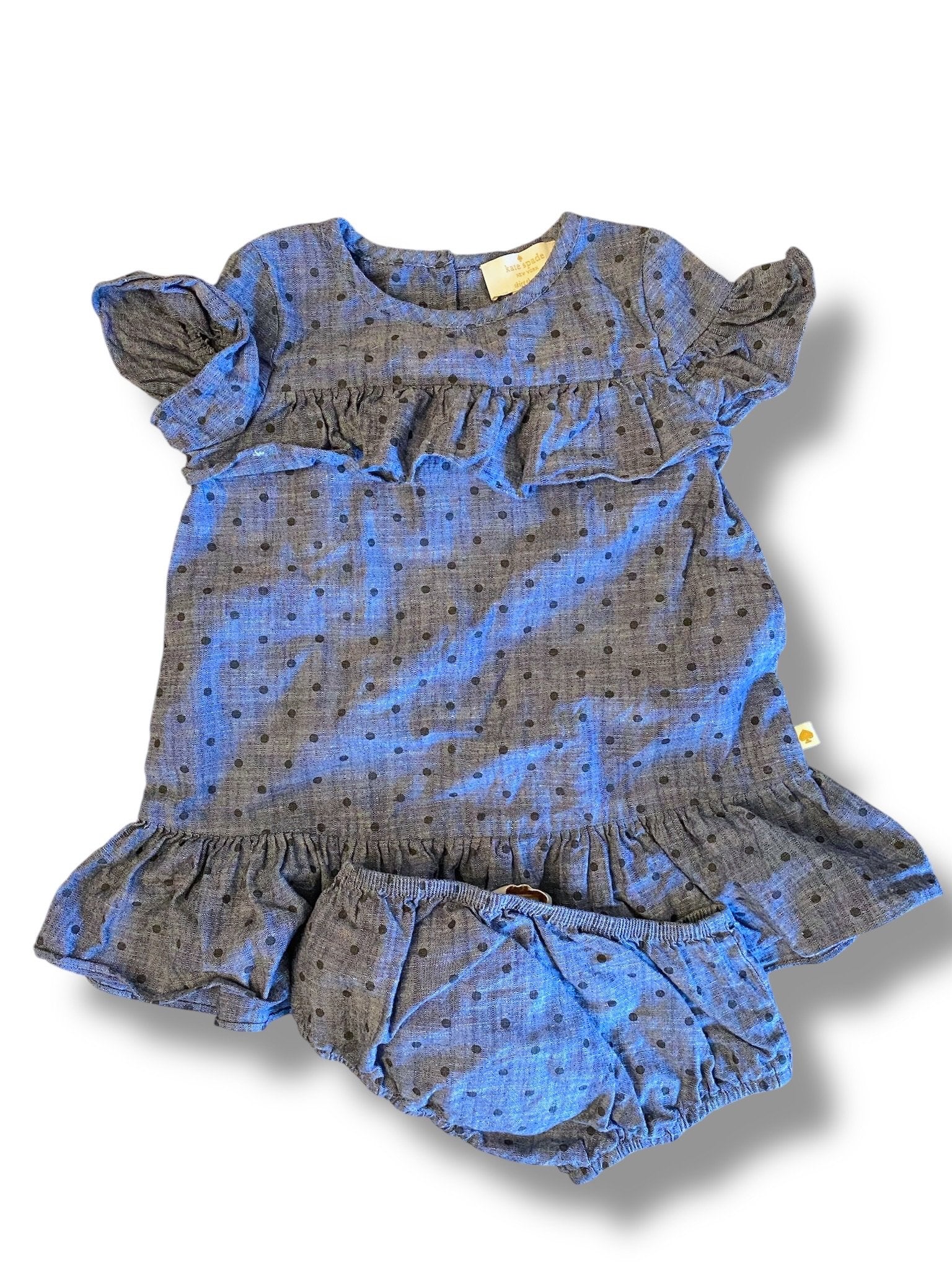 Size 24 month Kate Spade chambray dress with navy polka dots and ruffles and matching bloomers Default Title / 2 / -