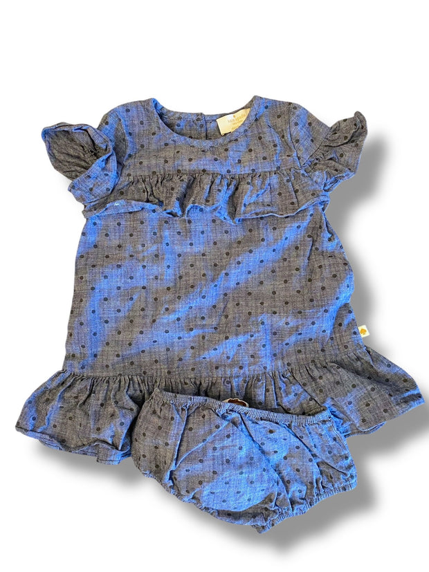Size 24 month Kate Spade chambray dress with navy polka dots and ruffles and matching bloomers Default Title / 2 / -