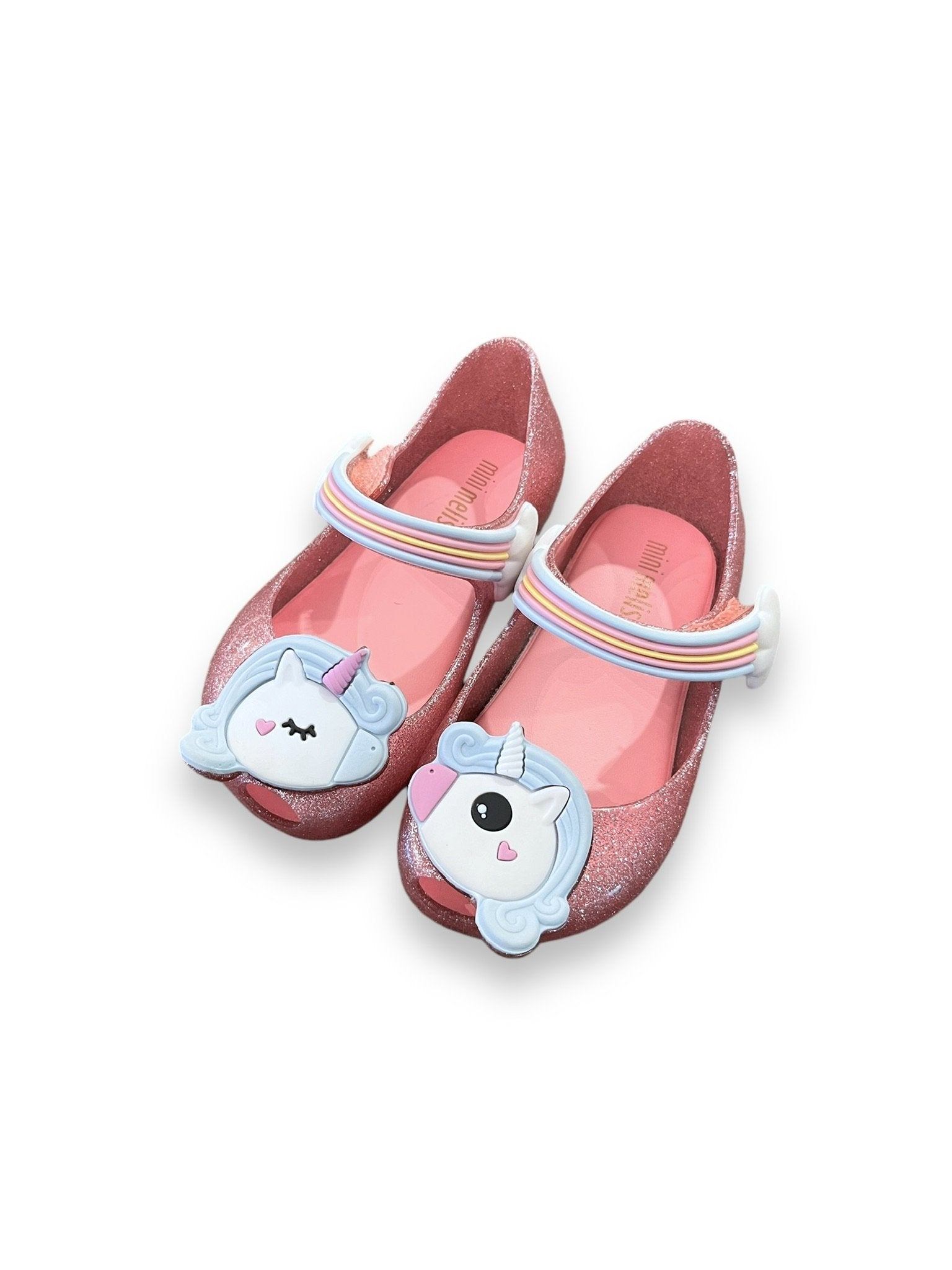 Size 6 toddler Mini Melissa pink sparkles with unicorns and rainbow straps Default Title / 6 / -