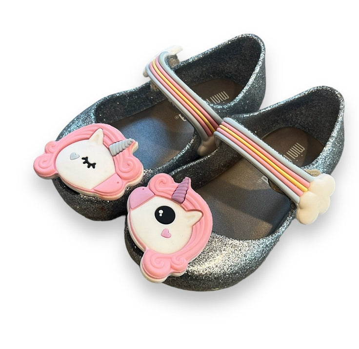 Size 4 Toddler, fits like a 3 Mini melissa sparkle silver unicorn mary janes Default Title / 4 / -