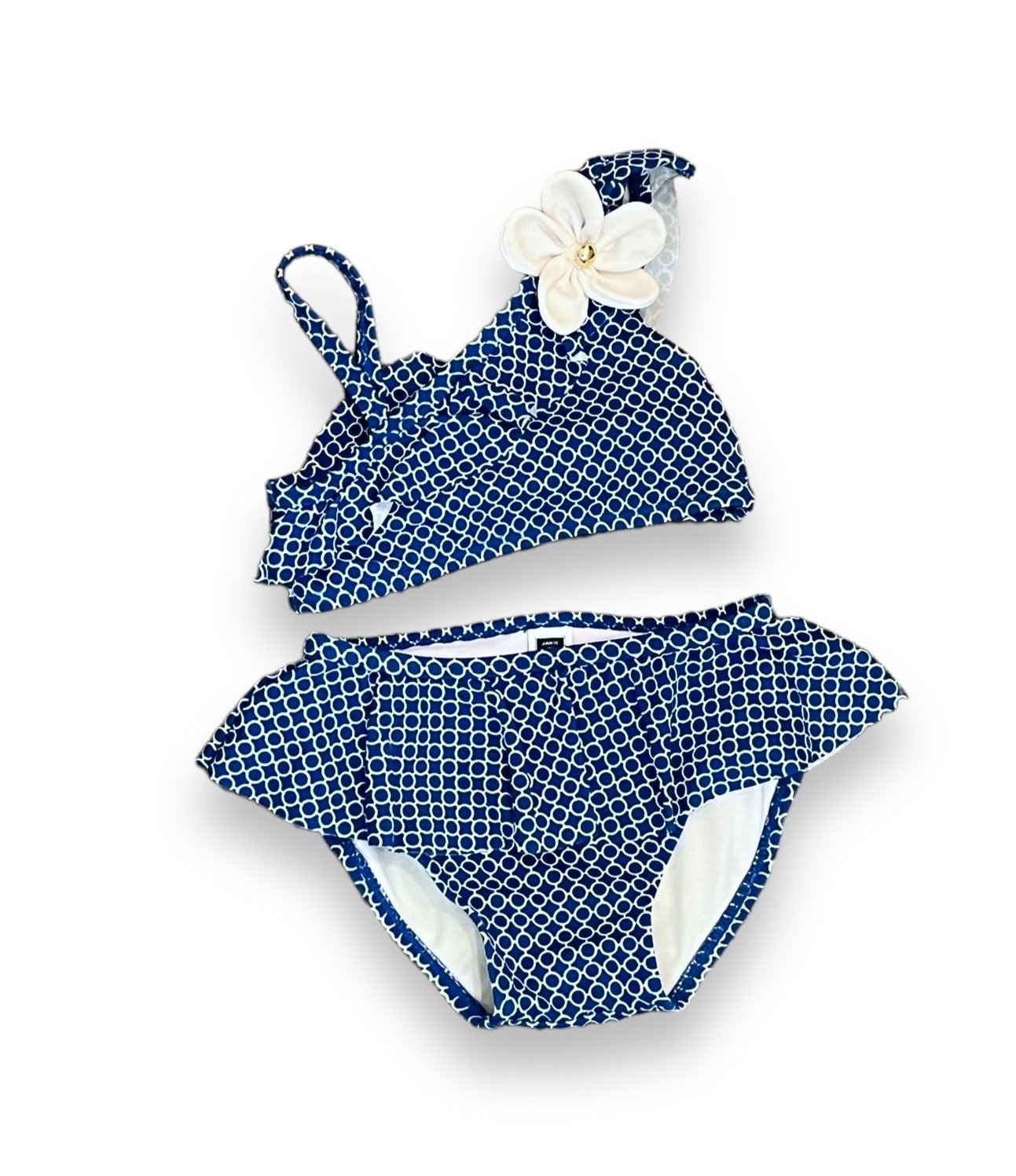 Size 18-24 month Janie and Jack navy/white circle pattern two piece with white flower Default Title / 18-24 month / Girl