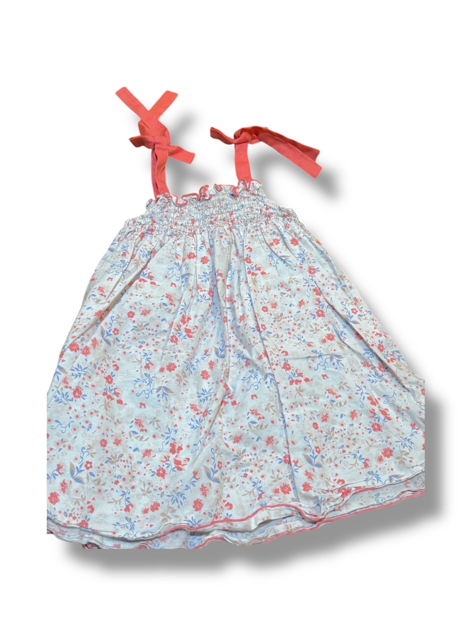 Size 3T Edgehill Collection pale pink smocked dress with coral bow straps and coral/periwinkle/tan flowers Default Title / 3 / Girl
