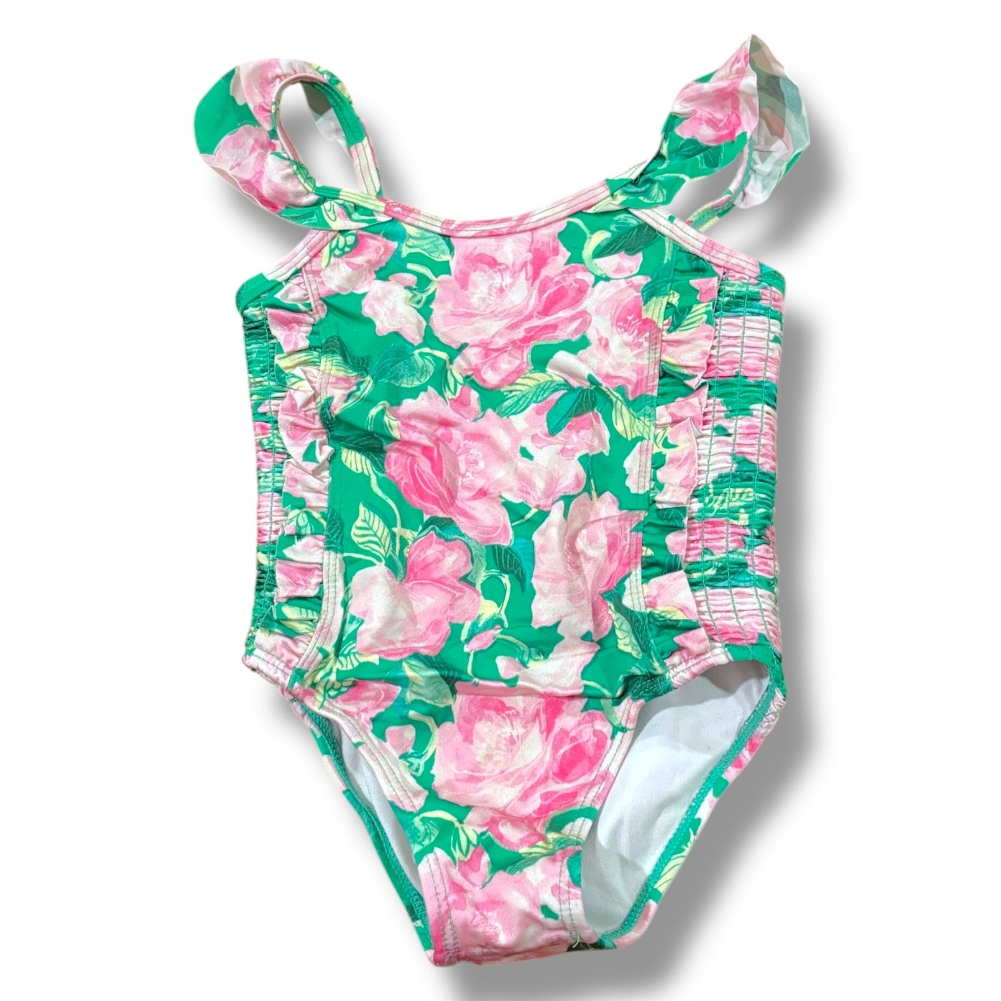 Size 2T Janie and Jack pink/green roses swim suit w/ side ruching Default Title / 2 / Girl