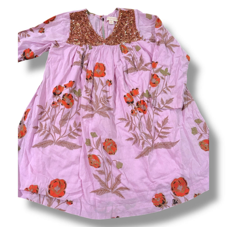 Size 4 Pink Chicken lavender dress w/ orange/brown flowers, brown sequins at top Default Title / 4 / Girl