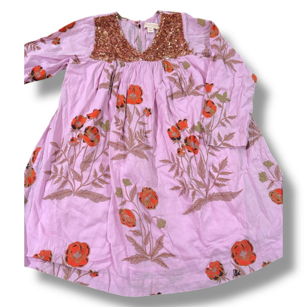Size 4 Pink Chicken lavender dress w/ orange/brown flowers, brown sequins at top Default Title / 4 / Girl