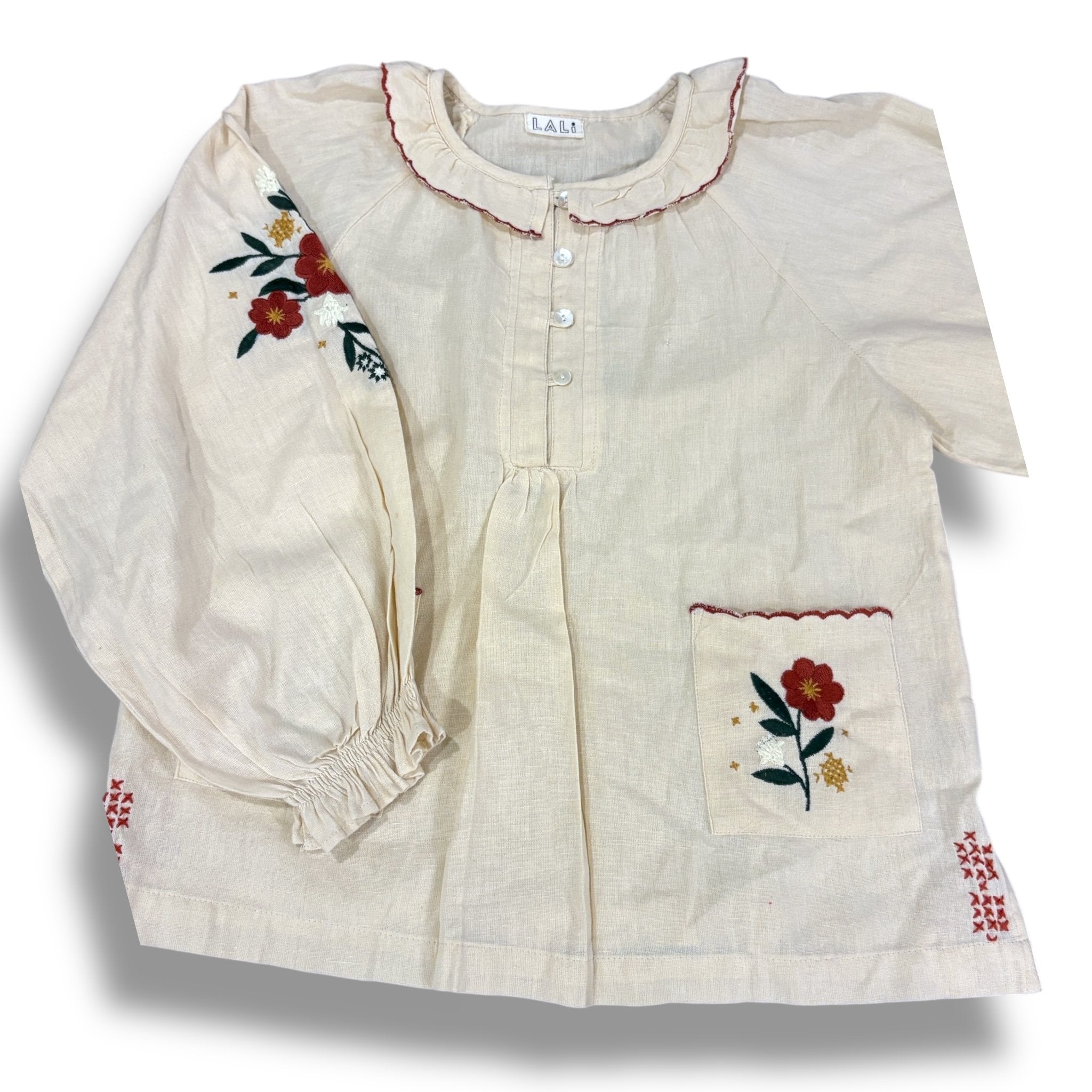 Size 8 lali tan long sleeve linen top with embroidered flowers, ruffle neckline, buttons Default Title / 8 / Girl