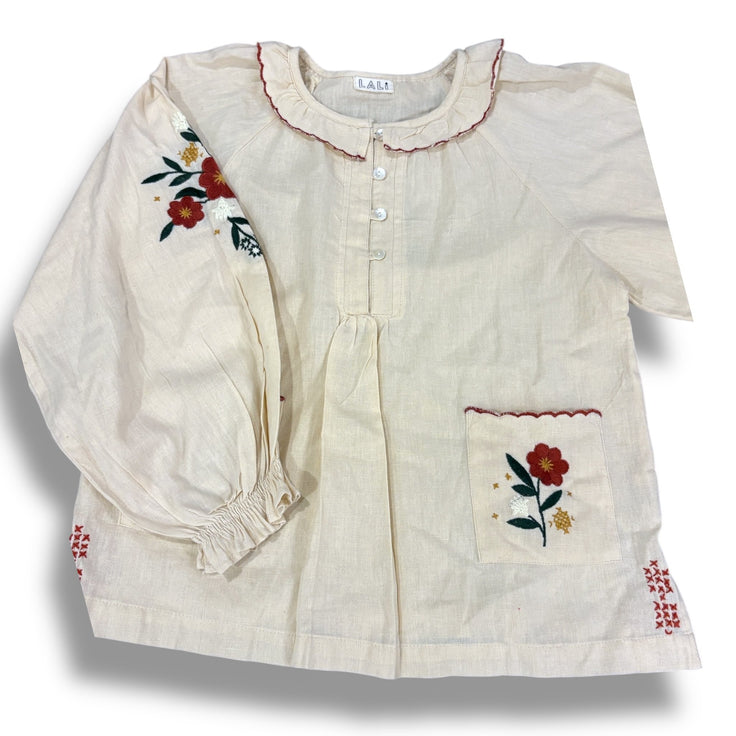 Size 8 lali tan long sleeve linen top with embroidered flowers, ruffle neckline, buttons Default Title / 8 / Girl