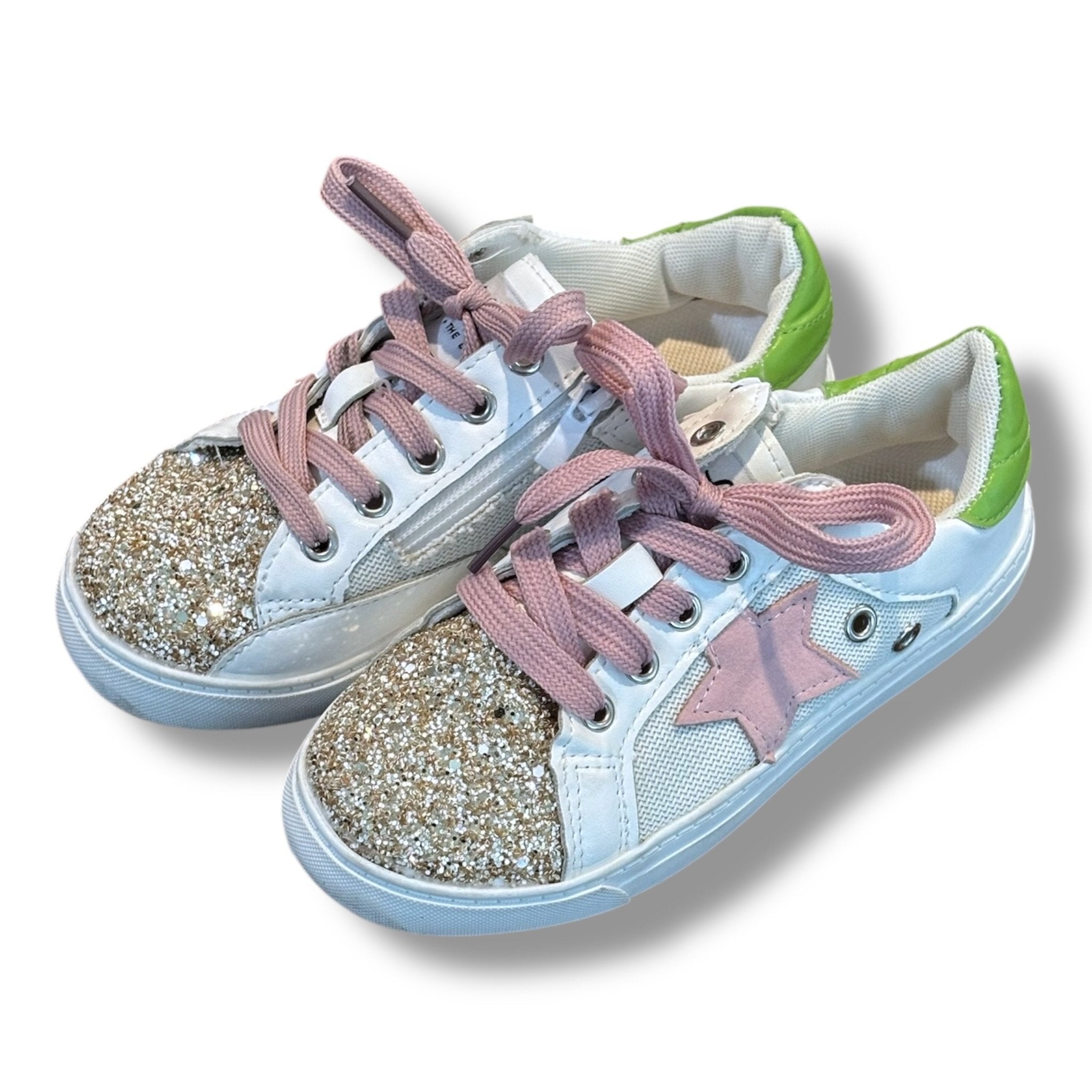 Size Girls 2 (no tag) Lola + the Boys white/gold glitter sneakers w/ pink/lime green accents (overall wear) Default Title / 2 / Girl