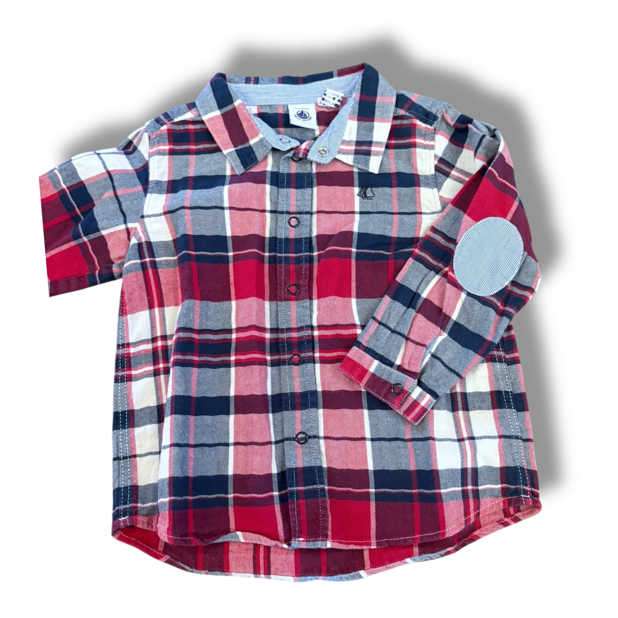 Size 24 month Petit bateau navy/red/cream plaid snap up shirt Default Title / 2 / Boy