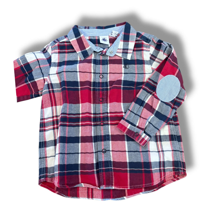 Size 24 month Petit bateau navy/red/cream plaid snap up shirt Default Title / 2 / Boy