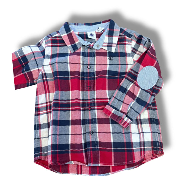 Size 24 month Petit bateau navy/red/cream plaid snap up shirt Default Title / 2 / Boy