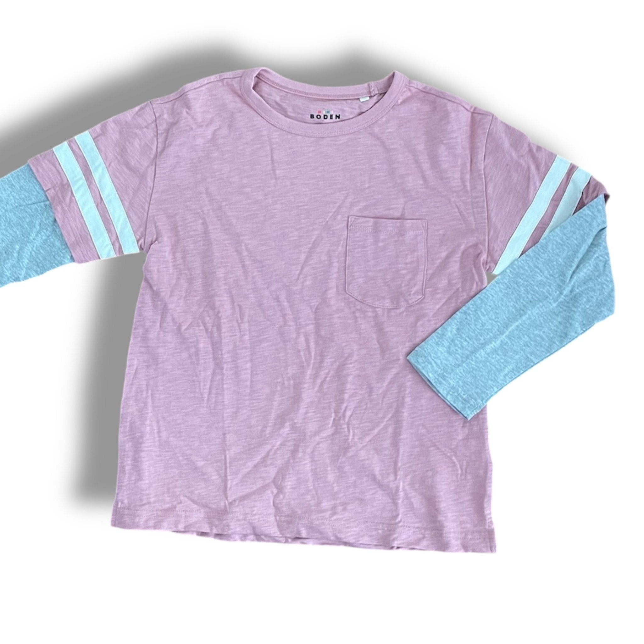 Size 8-9 Mini Boden long sleeved pink shirt with grey sleeves and white stripes Default Title / 9-Aug / Girl