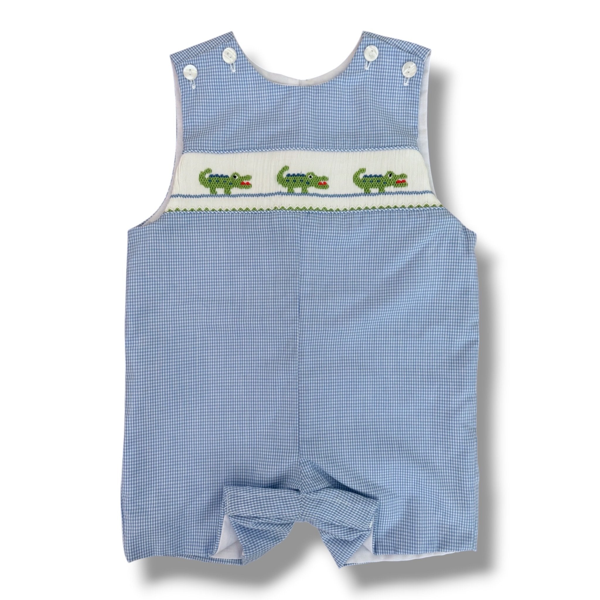 Size 6 month Petit Bebe blue/white (small) plaid sleeveless shortall with three smocked alligators on front Default Title / 6 month / Boy