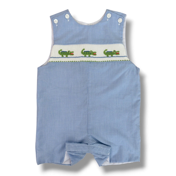 Size 6 month Petit Bebe blue/white (small) plaid sleeveless shortall with three smocked alligators on front Default Title / 6 month / Boy
