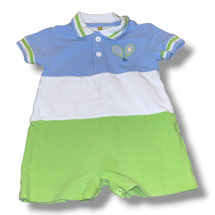 Size 9 month Florence Eiseman light blue/white/lime green pique polo romper w/ tennis racket applique Default Title / 9 month / Boy