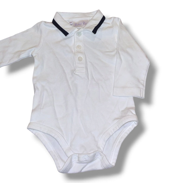 Size 6 month Rachel Riley white onesie w/ navy trim on collar Default Title / 6 month / -