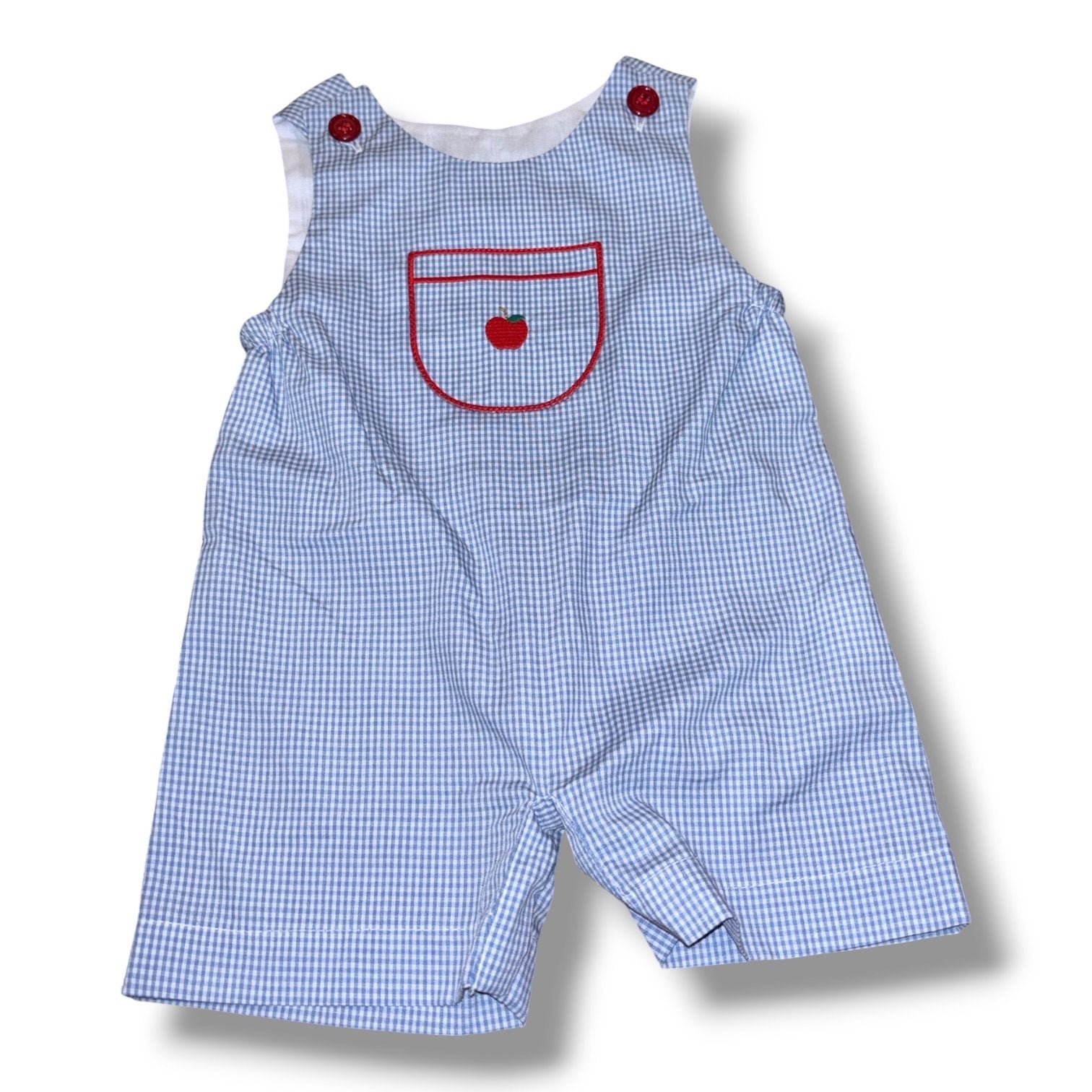 Size 6 month Little English blue/white gingham short-all w/ front pocket & apple Default Title / 6 month / Boy